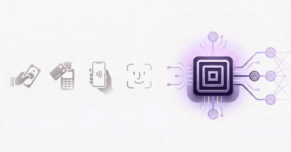 A horizontal timeline showing the evolution of payment methods from cash to card to smartphone to face ID to invisible AI agent payment