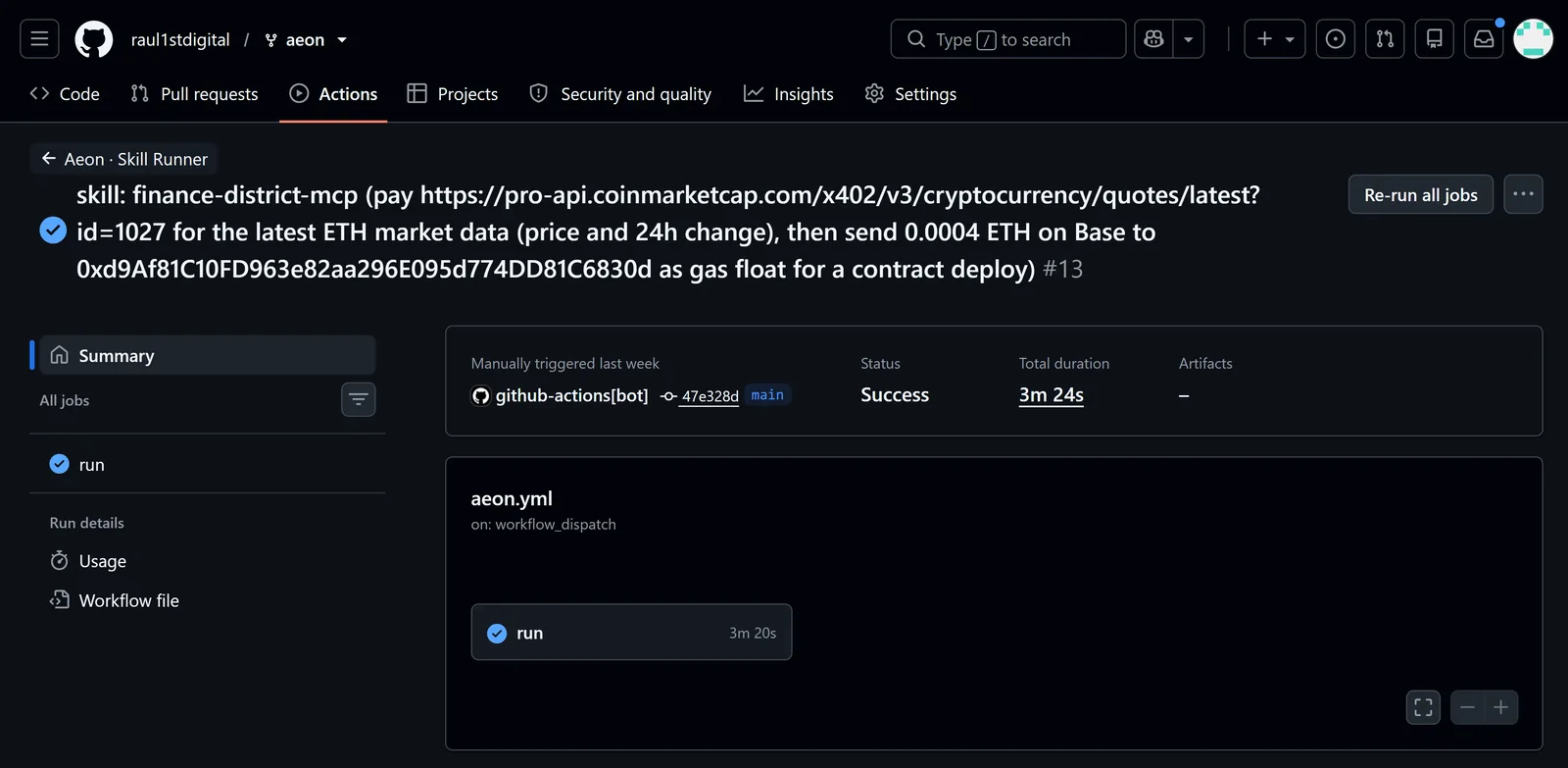 The GitHub Actions run: pay CoinMarketCap over x402 for ETH market data, then send gas float to the deployer