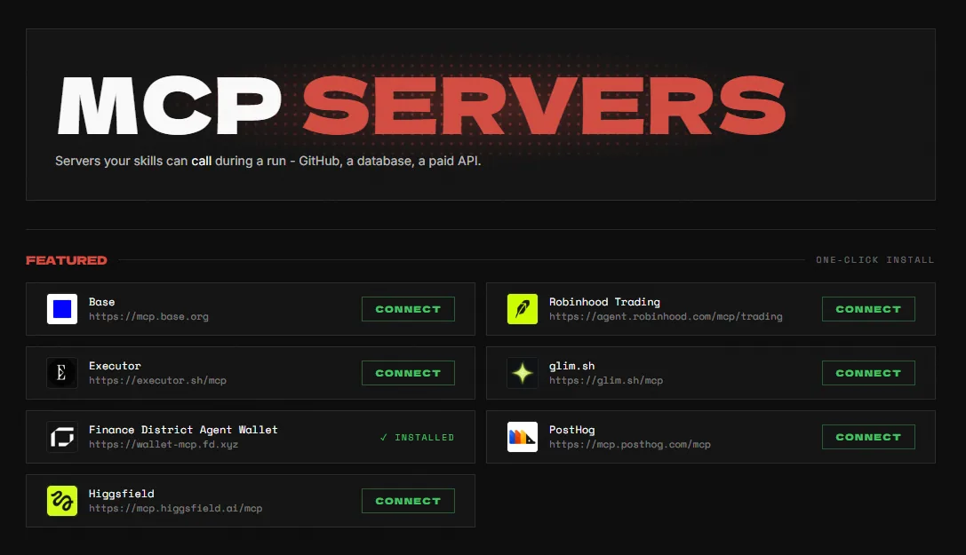 Finance District Agent Wallet installed in aeon's MCP Servers catalog