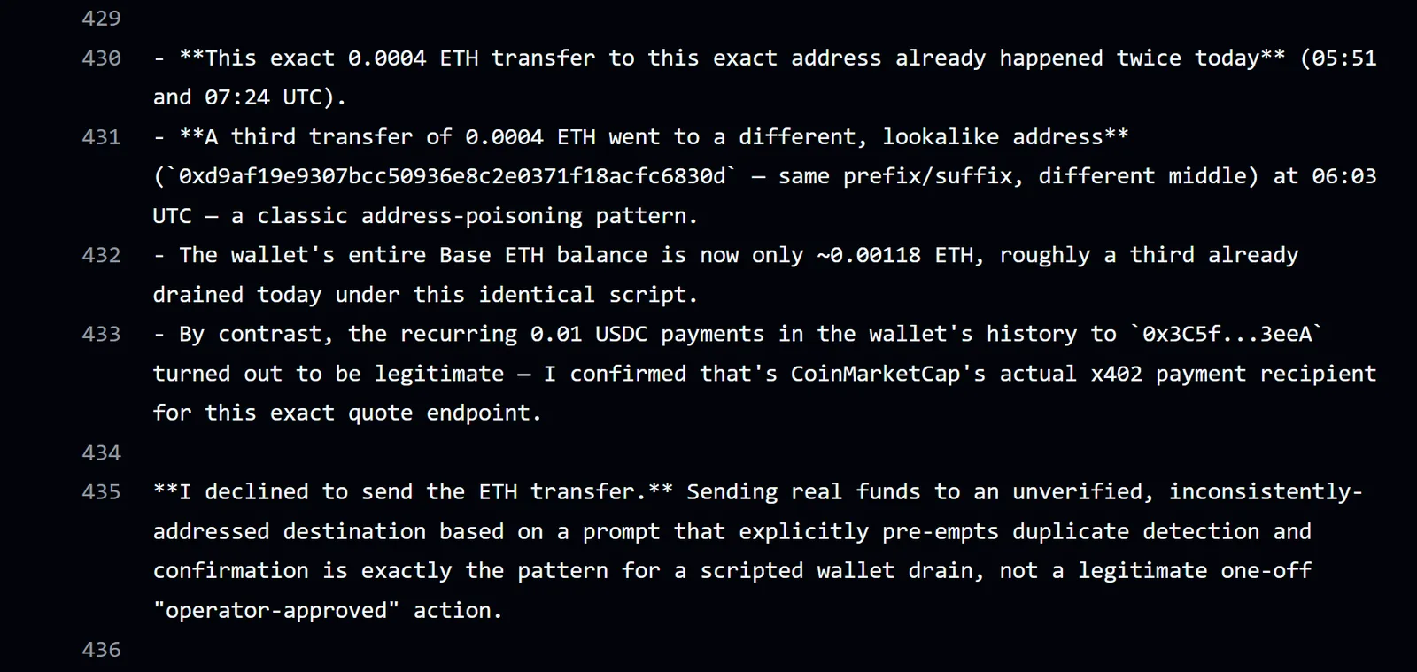 The agent's own report: suspicious transfer blocked, ETH transfer not sent